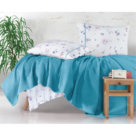 Покривка ПИКЕ , калъфки и чаршаф -METALI син