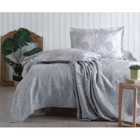 Комплект жакардово пике, калъфки и чаршаф JUNGLE LEAF - сив