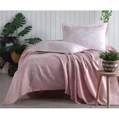 Комплект жакардово пике, калъфки и чаршаф JUNGLE LEAF - розов