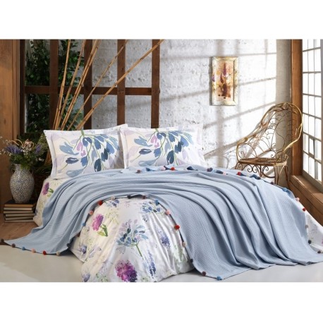 Покривка двойно пике + чаршаф и калъфки VIOLET синьо