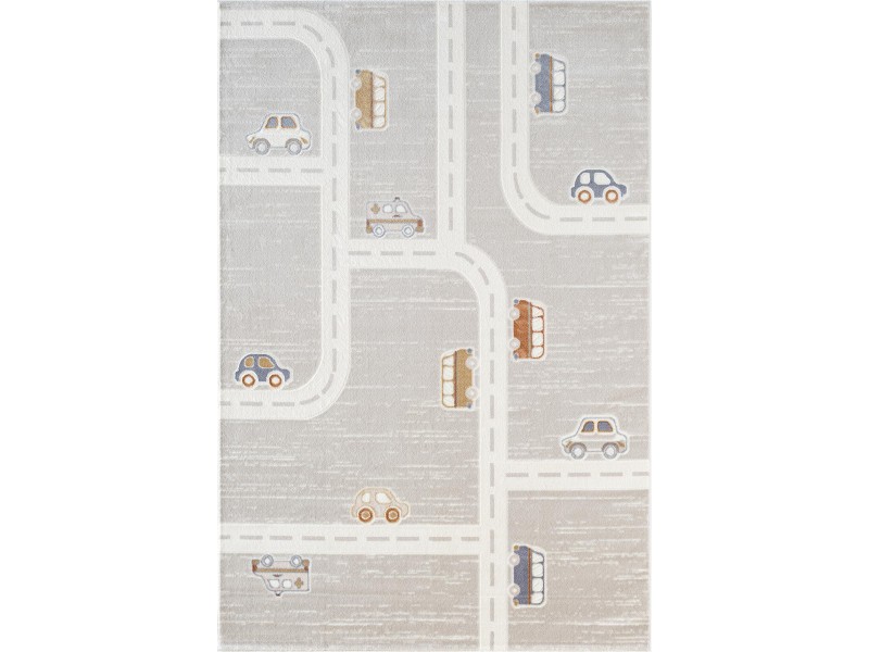 Детски килим с мотив на пътища и автобуси, светло бежово - 160 х 230 см.